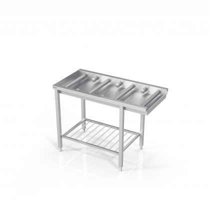Table de tri pour lave-vaisselle avec rouleaux longs et courts et châssis et étagère en grille