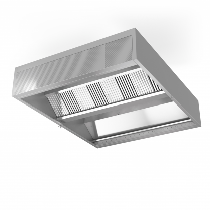 Centrinis dėžutės formos ventiliacinis gaubtas su filtrais, oro ištraukimu, apipūtimu ir šviežio oro padavimu